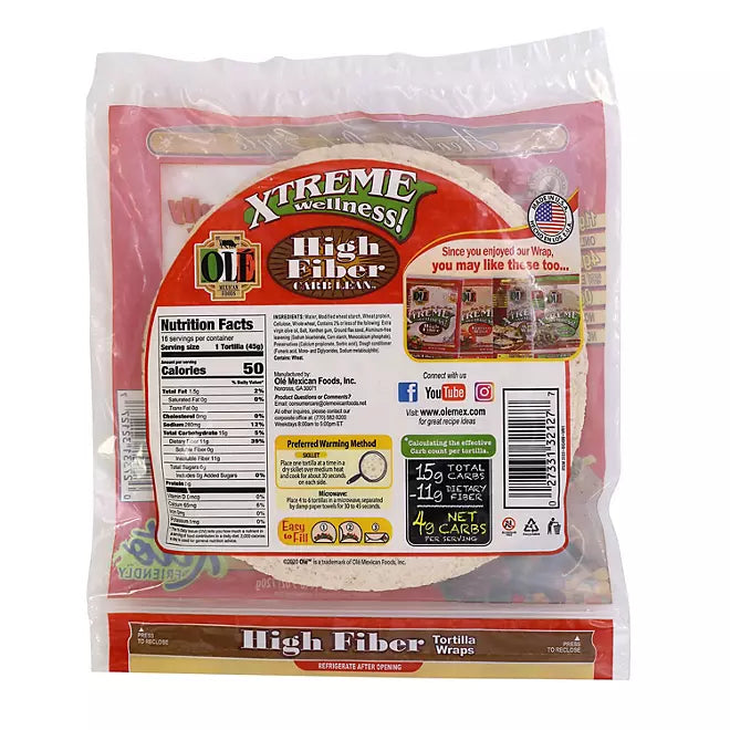 Xtreme Wellness High Fiber Low Carb Tortilla Wraps (25.4 oz., 16 ct.)(2pk)